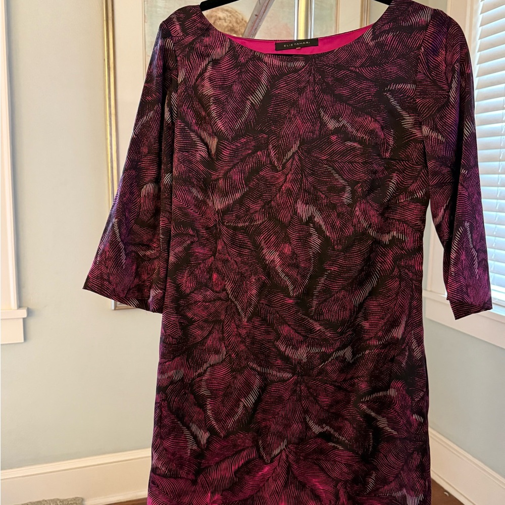 Elie Tahari Black and Pink Feather Long Sleeve Dress